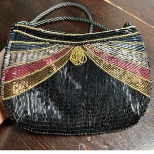 Vintage Lillian Vernon Beaded Evening Bag Black Art Deco Formal Clutch Art Retro